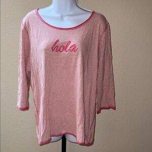 Life Is Good “Hola” Striped 3/4 Sleeve Tee Pink Tan Women’s Size XL